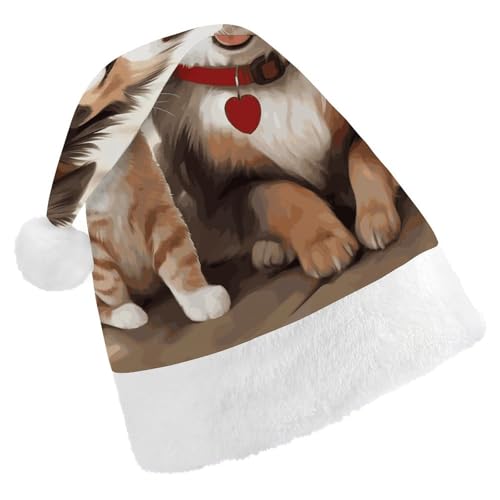 BVNMT Festliche Weihnachtsmütze für Erwachsene (43,4 x 29,7 cm) – Polyester-Freude für die Feiertage, lustige Katze und Hund, bedruckt, Weihnachtsmannmütze, Weihnachtsmütze, Partyhut für Erwachsene von BVNMT
