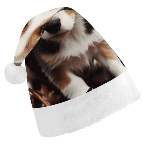 BVNMT Festliche Weihnachtsmütze für Erwachsene (43,4 x 29,7 cm) – Polyester-Freude für die Feiertage, niedlicher Hund, bedruckt, Weihnachtsmütze, Weihnachtsmütze, Partyhut für Erwachsene, Damen von BVNMT