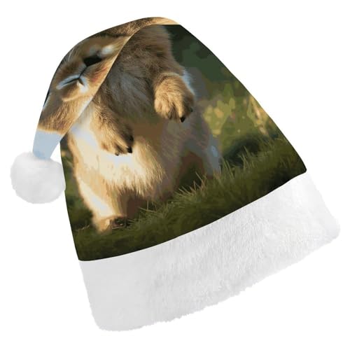 BVNMT Festliche Weihnachtsmütze für Erwachsene (43,4 x 29,7 cm) – Polyester-Freude für die Feiertage, niedlicher lustiger Hase, bedruckte Weihnachtsmütze, Weihnachtsmütze, Partyhut für Erwachsene von BVNMT