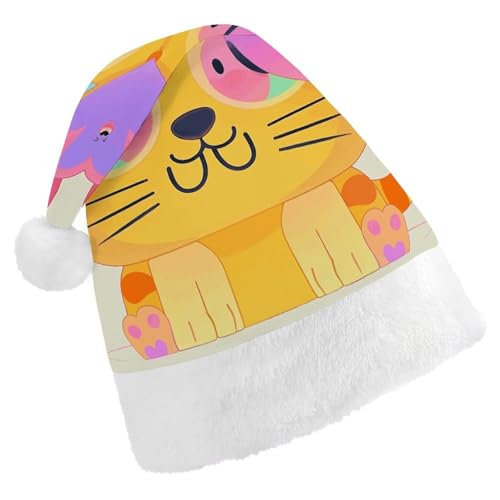 BVNMT Festliche Weihnachtsmütze für Erwachsene (43,4 x 29,7 cm) – Polyester-Freude für die Feiertage, niedliches Cartoon-Tier-Kätzchen mit Herz, bedruckte Weihnachtsmütze, Weihnachtsmütze, Partyhut von BVNMT