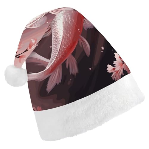 BVNMT Festliche Weihnachtsmütze für Erwachsene (43,4 x 29,7 cm) – Polyester-Freude für die Feiertage, rosa Kirschblüten, roter Karpfen, bedruckte Weihnachtsmütze, Weihnachtsmütze, Partyhut für von BVNMT