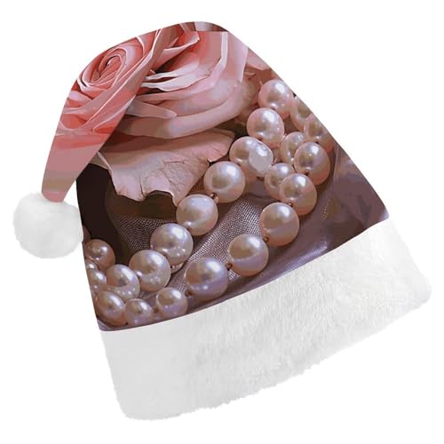 BVNMT Festliche Weihnachtsmütze für Erwachsene (43,4 x 29,7 cm) – Polyester-Freude für die Feiertage, rosa Rose und Perlen, bedruckte Weihnachtsmütze, Weihnachtsmütze, Weihnachtsmütze, Partyhut für von BVNMT