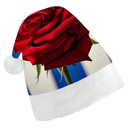 BVNMT Festliche Weihnachtsmütze für Erwachsene (43,4 x 29,7 cm) – Polyester-Freude für die Feiertage, rote Rosen, bedruckte Weihnachtsmütze, Weihnachtsmütze, Weihnachtsmütze, Partyhut für Erwachsene von BVNMT