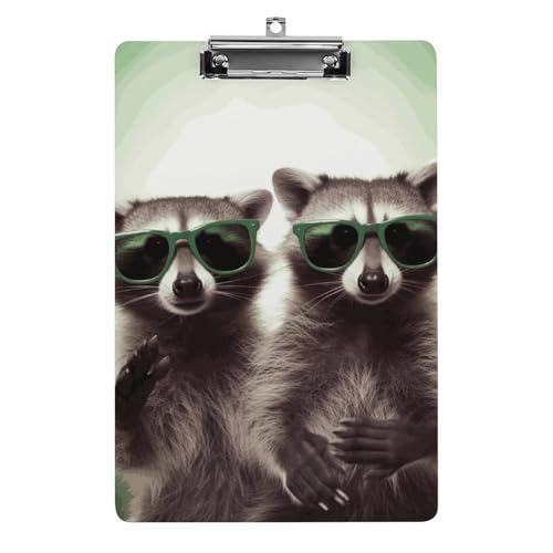 Kunststoff-Klemmbrett, flaches Profil, klassisch, lustig, Waschbär, grüne Sonnenbrille, bedrucktes Acryl-Metall-Klemmbrett, A4, Papiergröße (Länge 31,8 x Breite 21,6 cm), geeignet für Büro, Studenten von BVNMT