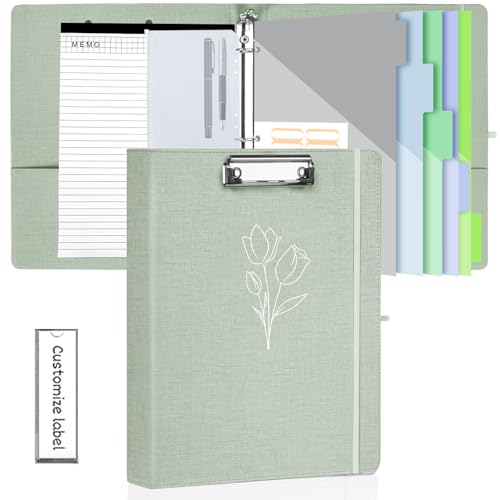BVSSX 3-Ringbuch mit Klemmbrett, 2,5 cm Ordner mit Notizblock und 5 Trennwänden mit Taschen, Etiketten, PU-Klemmbretter für Schule, Büro (grüne Tulpe, Briefgröße) von BVSSX