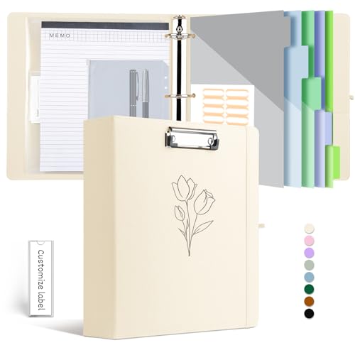 BVSSX 3-Ringbuch mit Klemmbrett, 5,1 cm Ordner mit Notizblock und 5 Trennwänden mit Taschen, Etiketten, PU-Klemmbretter für Schule, Büro (rosa Tulpe, Briefgröße) von BVSSX