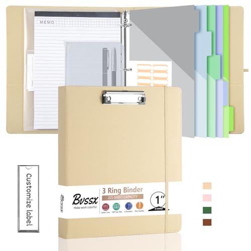 BVSSX 3-Ringordner mit Klemmbrett, 2,5 cm Ordner mit Notizblock und 5 Trennwänden mit Taschen, Etiketten, PU-Klemmbretter für Schule, Büro (Beige, Briefgröße) von BVSSX