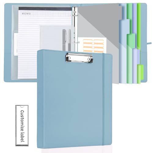 BVSSX 3-Ringordner mit Klemmbrett, 2,5 cm Ordner mit Notizblock und 5 Trennwänden mit Taschen, Etiketten, PU-Klemmbretter für Schule, Büro (Blau, Briefgröße) von BVSSX