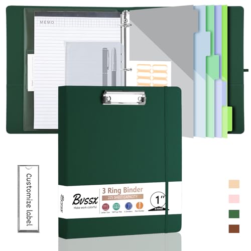 BVSSX 3-Ringordner mit Klemmbrett, 2,5 cm Ordner mit Notizblock und 5 Trennwänden mit Taschen, Etiketten, PU-Klemmbretter für Schule, Büro (Grün, Briefgröße) von BVSSX