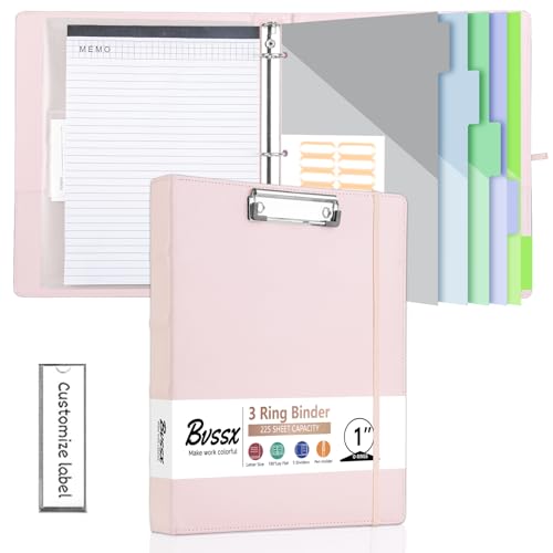 BVSSX 3-Ringordner mit Klemmbrett, 2,5 cm Ordner mit Notizblock und 5 Trennwänden mit Taschen, Etiketten, PU-Klemmbretter für Schule, Büro (Rosa, Briefgröße) von BVSSX