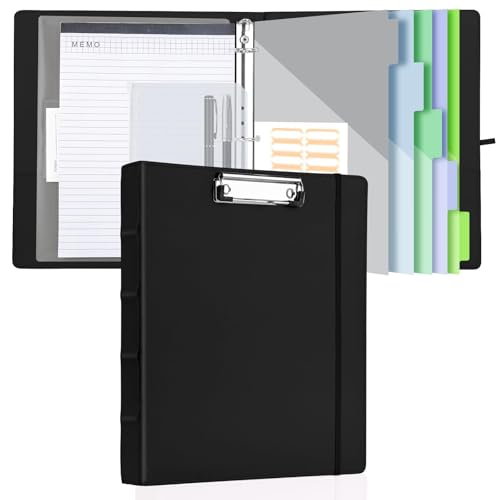 BVSSX 3-Ringordner mit Klemmbrett, 2,5 cm Ordner mit Notizblock und 5 Trennwänden mit Taschen, Etiketten, PU-Klemmbretter für Schule, Büro (Schwarz, Briefgröße) von BVSSX
