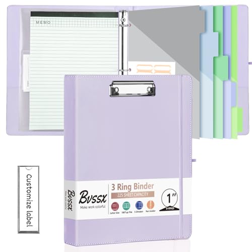 BVSSX 3-Ringordner mit Klemmbrett, 2,5 cm Ordner mit Notizblock und 5 Trennwänden mit Taschen, Etiketten, PU-Klemmbretter für Schule, Büro (Violett, Briefgröße) von BVSSX