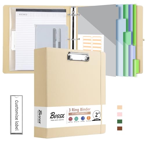 BVSSX 3-Ringordner mit Klemmbrett, 5,1 cm Ordner mit Notizblock und 5 Trennwänden mit Taschen, Etiketten, PU-Klemmbretter für Schule, Büro (Beige, Briefgröße) von BVSSX