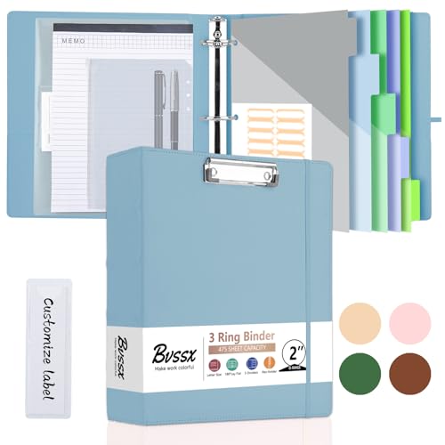 BVSSX 3-Ringordner mit Klemmbrett, 5,1 cm Ordner mit Notizblock und 5 Trennwänden mit Taschen, Etiketten, PU-Klemmbretter für Schule, Büro (Blau, Briefgröße) von BVSSX