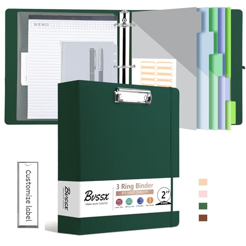 BVSSX 3-Ringordner mit Klemmbrett, 5,1 cm Ordner mit Notizblock und 5 Trennwänden mit Taschen, Etiketten, PU-Klemmbretter für Schule, Büro (Grün, Briefgröße) von BVSSX