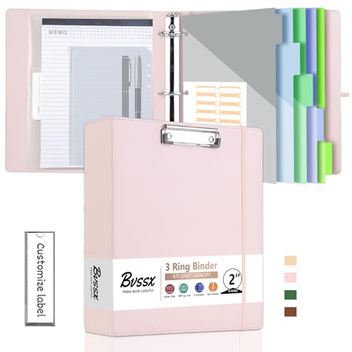 BVSSX 3-Ringordner mit Klemmbrett, 5,1 cm Ordner mit Notizblock und 5 Trennwänden mit Taschen, Etiketten, PU-Klemmbretter für Schule, Büro (Rosa, Briefgröße) von BVSSX