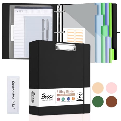 BVSSX 3-Ringordner mit Klemmbrett, 5,1 cm Ordner mit Notizblock und 5 Trennwänden mit Taschen, Etiketten, PU-Klemmbretter für Schule, Büro (Schwarz, Briefgröße) von BVSSX