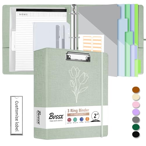 BVSSX 3-Ringordner mit Klemmbrett, 5,1 cm Ordner mit Notizblock und 5 Trennwänden mit Taschen, Etiketten, PU-Klemmbretter für Schule, Büro (grüne Tulpe, Briefgröße) von BVSSX