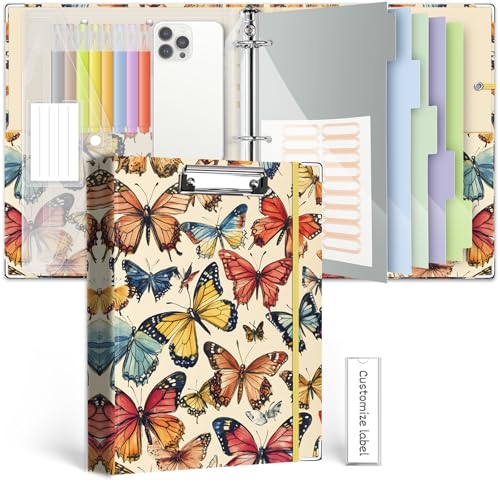BVSSX Ringbuch mit 3 Ringen, 2,5 cm, Organizer mit Klemmbrett, 5 Registerkarten, Trennblätter, Kunststoffordner, 18 Trennblätter, Stiftschlaufe (Schmetterling, Briefgröße) von BVSSX