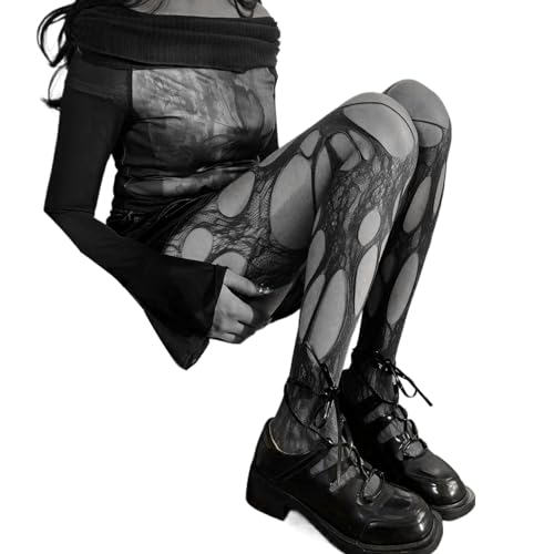 BWANGIAO Damen-Strumpfhose im Gothic-Stil, sexy, durchsichtige Netzstrumpfhose mit unregelmäßigen Löchern und durchsichtigem Netzstoff von BWANGIAO
