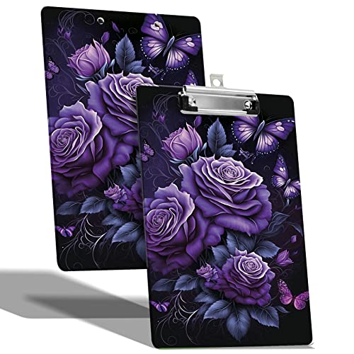A4-Klemmbrett mit Haken zum Aufhängen und niedrigem Profil-Clip, Kunststoff-Klemmbrett für Krankenschwestern, Schreiben, Zeichenbrett mit doppelseitigem violettem Rosen-Schmetterlings-Druck für Damen A4-Klemmbrett mit Haken zum Aufhängen und niedrigem Profil-Clip, Kunststoff-Klemmbrett für Krankenschwestern, Schreiben, Zeichenbrett mit doppelseitigem violettem Rosen-Schmetterlings-Druck für Damen von BWEGRHE