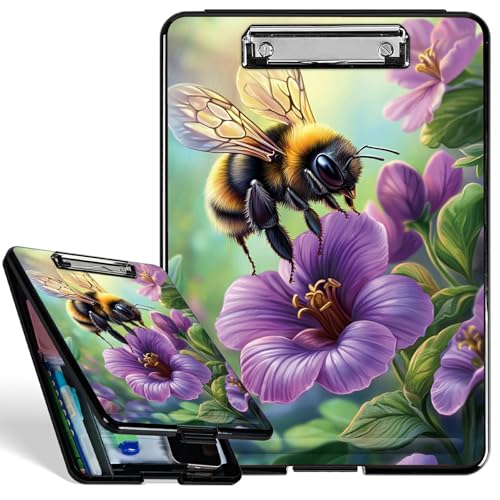 Kunststoff-Aufbewahrungs-Klemmbrett mit starkem Clip, Bienen-lila Blume, langlebiges Klemmbrett für A4-Papier, robustes Klemmbrett mit Aufbewahrungs-Schreibfläche für Büro, Schule Kunststoff-Aufbewahrungs-Klemmbrett mit starkem Clip, Bienen-lila Blume, langlebiges Klemmbrett für A4-Papier, robustes Klemmbrett mit Aufbewahrungs-Schreibfläche für Büro, Schule von BWEGRHE