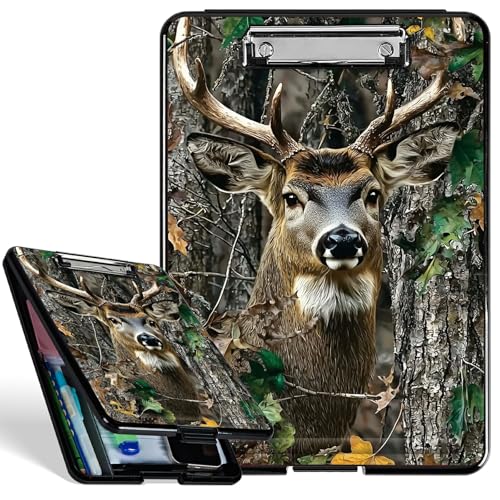 Kunststoff-Aufbewahrungs-Klemmbrett mit starkem Clip, Camouflage-Baum-Hirsch-Klemmbrett für A4-Papier, robustes Klemmbrett mit Aufbewahrungs-Schreibfläche für Büro, Schule Kunststoff-Aufbewahrungs-Klemmbrett mit starkem Clip, Camouflage-Baum-Hirsch-Klemmbrett für A4-Papier, robustes Klemmbrett mit Aufbewahrungs-Schreibfläche für Büro, Schule von BWEGRHE