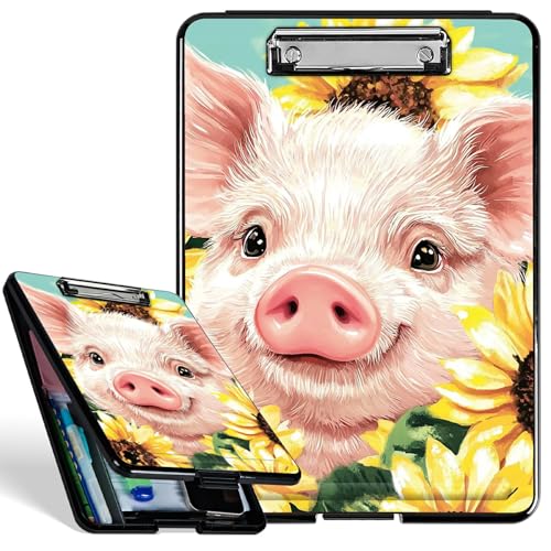 Kunststoff-Aufbewahrungs-Klemmbrett mit starkem Clip, rosa Schwein, Sonnenblumen, langlebiges Krankenschwester-Klemmbrett für A4-Papier, robustes Klemmbrett mit Aufbewahrungs-Schreibfläche für Büro von BWEGRHE