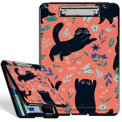 Kunststoff-Aufbewahrungs-Klemmbrett mit starkem Clip, schwarze Katze, Blumen, langlebiges Klemmbrett für A4-Papier, robustes Klemmbrett mit Aufbewahrungs-Schreibfläche für Büro, Schule Kunststoff-Aufbewahrungs-Klemmbrett mit starkem Clip, schwarze Katze, Blumen, langlebiges Klemmbrett für A4-Papier, robustes Klemmbrett mit Aufbewahrungs-Schreibfläche für Büro, Schule von BWEGRHE