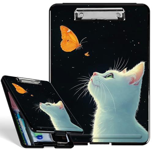 Kunststoff-Aufbewahrungs-Klemmbrett mit starkem Clip, weiße Katze, Schmetterling, langlebiges Klemmbrett für A4-Papier, robustes Klemmbrett mit Aufbewahrungs-Schreibfläche für Büro, Schule Kunststoff-Aufbewahrungs-Klemmbrett mit starkem Clip, weiße Katze, Schmetterling, langlebiges Klemmbrett für A4-Papier, robustes Klemmbrett mit Aufbewahrungs-Schreibfläche für Büro, Schule von BWEGRHE