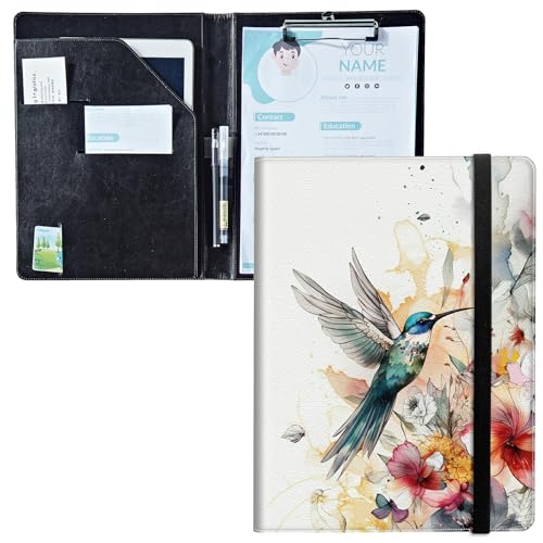 Padfolio mit Klemmbrett, PU-Leder, A4-Größe, Schreibklemmbrett, Aufbewahrung mit Notizblock/Visitenkarten/Bargeldfächern für Business, Schule, Büro, Aquarell-Kolibri von BWEGRHE