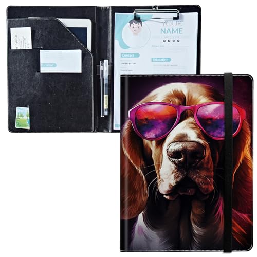 Padfolio mit Klemmbrett, PU-Leder-Portfolio-Mappe, A4-Größe, Schreib-Klemmbrett, Aufbewahrung mit Notizblock/Visitenkarte/Bargeldtaschen für Business, Schule, Büro, Hundebrille von BWEGRHE