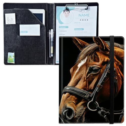 Padfolio mit Klemmbrett, PU-Leder-Portfolio-Mappe, A4-Größe, Schreibklemmbrett, Aufbewahrung mit Notizblock/Visitenkarte/Bargeldtaschen für Business, Schule, Büro, Pferdekunst von BWEGRHE
