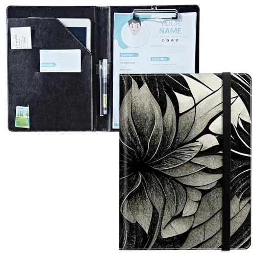 Padfolio mit Klemmbrett, PU-Leder-Portfolio-Mappe, A4-Größe, Schreibklemmbrett, Aufbewahrung mit Notizblock/Visitenkarte/Bargeldtaschen für Business, Schule, Büro, Schwarz-Weiß-Lotus Padfolio mit Klemmbrett, PU-Leder-Portfolio-Mappe, A4-Größe, Schreibklemmbrett, Aufbewahrung mit Notizblock/Visitenkarte/Bargeldtaschen für Business, Schule, Büro, Schwarz-Weiß-Lotus von BWEGRHE