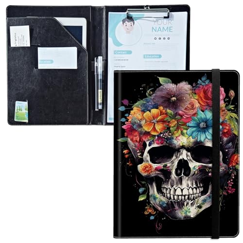 Padfolio mit Klemmbrett, PU-Leder-Portfolio-Mappe, A4-Größe, Schreibklemmbrett, Aufbewahrung mit Notizblock/Visitenkarte/Bargeldtaschen für Business, Schule, Büro, Zuckerschädel Blumen von BWEGRHE