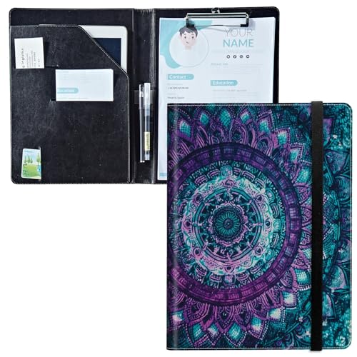 Padfolio mit Klemmbrett, PU-Leder-Portfolio-Mappe, A4-Größe, Schreibklemmbrett, Aufbewahrung mit Notizblock/Visitenkarte/Bargeldtaschen für Business, Schule, Büro, lila blaues Mandala von BWEGRHE