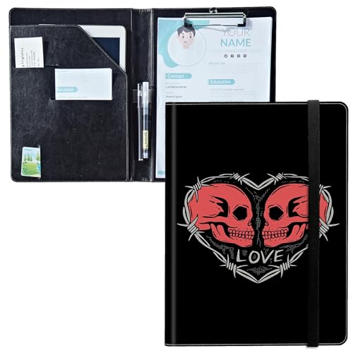 Padfolio mit Klemmbrett, PU-Leder-Portfolio-Mappe, A4-Größe, Schreibklemmbrett, Aufbewahrung mit Notizblock/Visitenkarte/Bargeldtaschen für Business, Schule, Büro, roter Totenkopf-Liebe von BWEGRHE