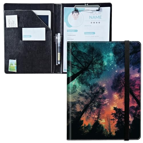 Padfolio mit Klemmbrett, PU-Leder-Portfolio-Ordner, A4-Größe, Schreibklemmbrett, Aufbewahrung mit Notizblock/Visitenkarte/Bargeldfächern für Business, Schule, Büro, bunter Sternenwald Padfolio mit Klemmbrett, PU-Leder-Portfolio-Ordner, A4-Größe, Schreibklemmbrett, Aufbewahrung mit Notizblock/Visitenkarte/Bargeldfächern für Business, Schule, Büro, bunter Sternenwald von BWEGRHE