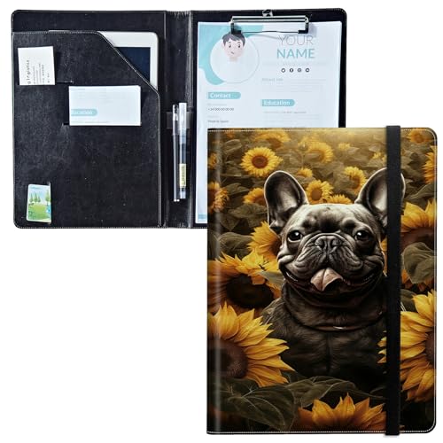 Padfolio mit Klemmbrett, PU-Leder-Portfolio-Ordner, A4-Größe, Schreibklemmbrett, Aufbewahrung mit Notizblock/Visitenkarte/Bargeldtaschen für Business, Schule, Büro, Bulldogge, Sonnenblume Padfolio mit Klemmbrett, PU-Leder-Portfolio-Ordner, A4-Größe, Schreibklemmbrett, Aufbewahrung mit Notizblock/Visitenkarte/Bargeldtaschen für Business, Schule, Büro, Bulldogge, Sonnenblume von BWEGRHE