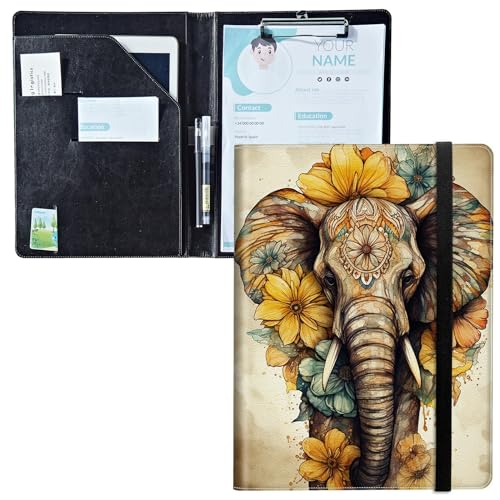 Padfolio mit Klemmbrett, PU-Leder-Portfolio-Ordner, A4-Größe, Schreibklemmbrett, Aufbewahrung mit Notizblock/Visitenkarte/Bargeldtaschen für Business, Schule, Büro, Dekorieren Sie Sonnenblumen-Elefant Padfolio mit Klemmbrett, PU-Leder-Portfolio-Ordner, A4-Größe, Schreibklemmbrett, Aufbewahrung mit Notizblock/Visitenkarte/Bargeldtaschen für Business, Schule, Büro, Dekorieren Sie Sonnenblumen-Elefant von BWEGRHE