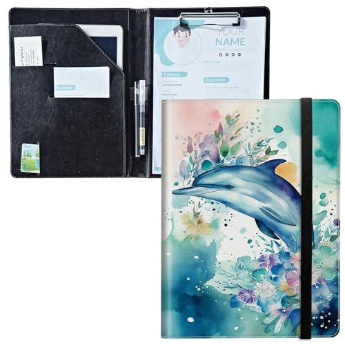Padfolio mit Klemmbrett, PU-Leder-Portfolio-Ordner, A4-Größe, Schreibklemmbrett, Aufbewahrung mit Notizblock/Visitenkarte/Bargeldtaschen für Business, Schule, Büro, Delfin von BWEGRHE