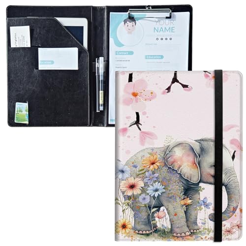 Padfolio mit Klemmbrett, PU-Leder-Portfolio-Ordner, A4-Größe, Schreibklemmbrett, Aufbewahrung mit Notizblock/Visitenkarte/Bargeldtaschen für Business, Schule, Büro, Elefanten-Blumenmuster von BWEGRHE