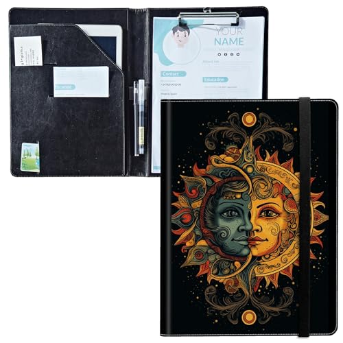 Padfolio mit Klemmbrett, PU-Leder-Portfolio-Ordner, A4-Größe, Schreibklemmbrett, Aufbewahrung mit Notizblock/Visitenkarte/Bargeldtaschen für Business, Schule, Büro, Gesicht der Sonne Mond Padfolio mit Klemmbrett, PU-Leder-Portfolio-Ordner, A4-Größe, Schreibklemmbrett, Aufbewahrung mit Notizblock/Visitenkarte/Bargeldtaschen für Business, Schule, Büro, Gesicht der Sonne Mond von BWEGRHE