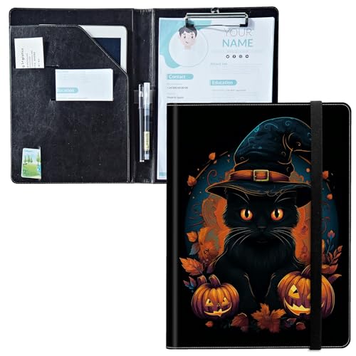 Padfolio mit Klemmbrett, PU-Leder-Portfolio-Ordner, A4-Größe, Schreibklemmbrett, Aufbewahrung mit Notizblock/Visitenkarte/Bargeldtaschen für Business, Schule, Büro, Halloween, schwarze Katze Padfolio mit Klemmbrett, PU-Leder-Portfolio-Ordner, A4-Größe, Schreibklemmbrett, Aufbewahrung mit Notizblock/Visitenkarte/Bargeldtaschen für Business, Schule, Büro, Halloween, schwarze Katze von BWEGRHE