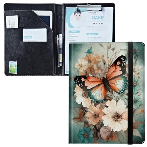 Padfolio mit Klemmbrett, PU-Leder-Portfolio-Ordner, A4-Größe, Schreibklemmbrett, Aufbewahrung mit Notizblock/Visitenkarte/Bargeldtaschen für Business, Schule, Büro, Herbstschmetterlingsgarten von BWEGRHE