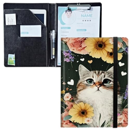 Padfolio mit Klemmbrett, PU-Leder-Portfolio-Ordner, A4-Größe, Schreibklemmbrett, Aufbewahrung mit Notizblock/Visitenkarte/Bargeldtaschen für Business, Schule, Büro, Katze, Blume, Blumenmuster Padfolio mit Klemmbrett, PU-Leder-Portfolio-Ordner, A4-Größe, Schreibklemmbrett, Aufbewahrung mit Notizblock/Visitenkarte/Bargeldtaschen für Business, Schule, Büro, Katze, Blume, Blumenmuster von BWEGRHE