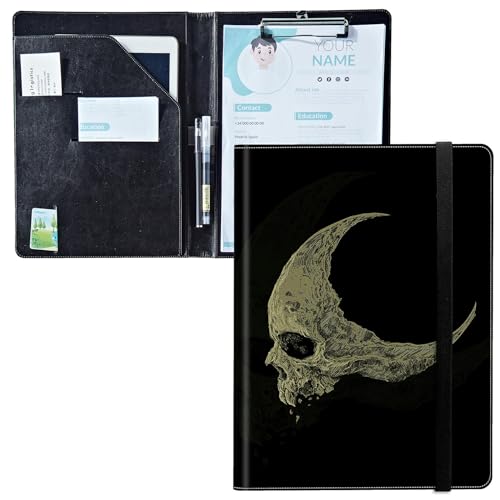Padfolio mit Klemmbrett, PU-Leder-Portfolio-Ordner, A4-Größe, Schreibklemmbrett, Aufbewahrung mit Notizblock/Visitenkarte/Bargeldtaschen für Business, Schule, Büro, Kopf Totenkopf Mond von BWEGRHE