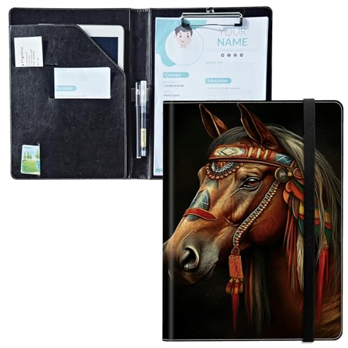 Padfolio mit Klemmbrett, PU-Leder-Portfolio-Ordner, A4-Größe, Schreibklemmbrett, Aufbewahrung mit Notizblock/Visitenkarte/Bargeldtaschen für Business, Schule, Büro, Kunstpferd von BWEGRHE