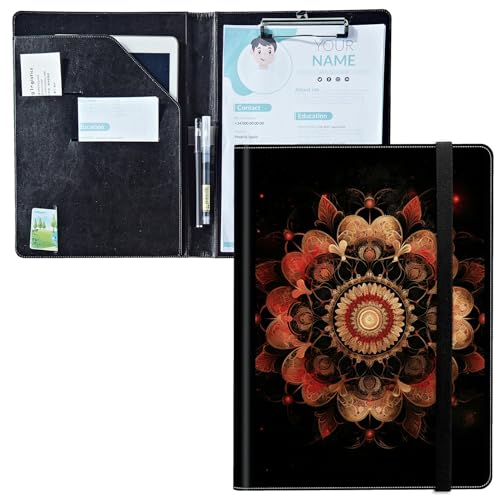 Padfolio mit Klemmbrett, PU-Leder-Portfolio-Ordner, A4-Größe, Schreibklemmbrett, Aufbewahrung mit Notizblock/Visitenkarte/Bargeldtaschen für Business, Schule, Büro, Mandala auf dunkel von BWEGRHE