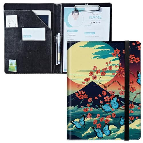 Padfolio mit Klemmbrett, PU-Leder-Portfolio-Ordner, A4-Größe, Schreibklemmbrett, Aufbewahrung mit Notizblock/Visitenkarte/Bargeldtaschen für Business, Schule, Büro, Mount Fuji Sakura Schmetterling von BWEGRHE